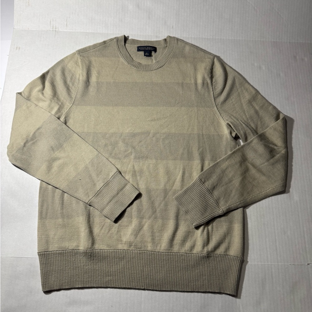 Men’s wool crewneck striped tan long sleeve sweater size medium